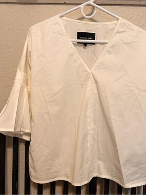 MONICA NERA White V-Neck Bell Sleeve Blouse -S